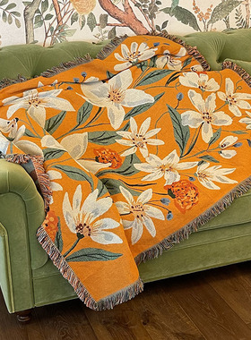 北欧橙色花卉毯子卧室沙发毯户外露营毯午睡盖毯130*160cm
