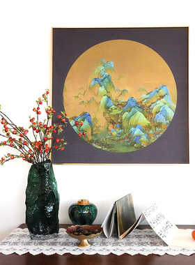 新中式千里江山UV立体画玄关客厅山水肌理装饰挂画背景墙壁画