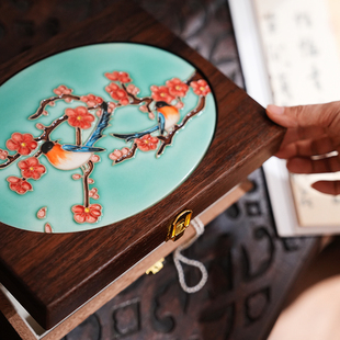 新中式 饰艺术摆件 富贵牡丹手绘瓷板画首饰盒胡桃木收纳盒家用装