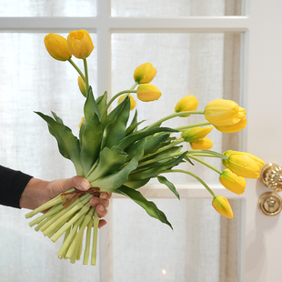 雅梨黄软胶郁金香仿真花家居陈列装 饰花艺摆件插花配件摄影道具