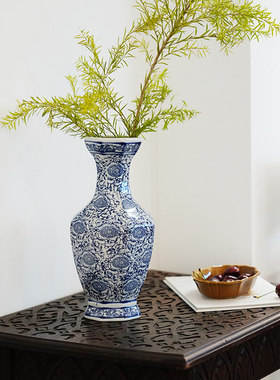 13寸六角勾莲花青花瓷瓶满绘釉下彩居家装饰摆件客厅玄关花瓶