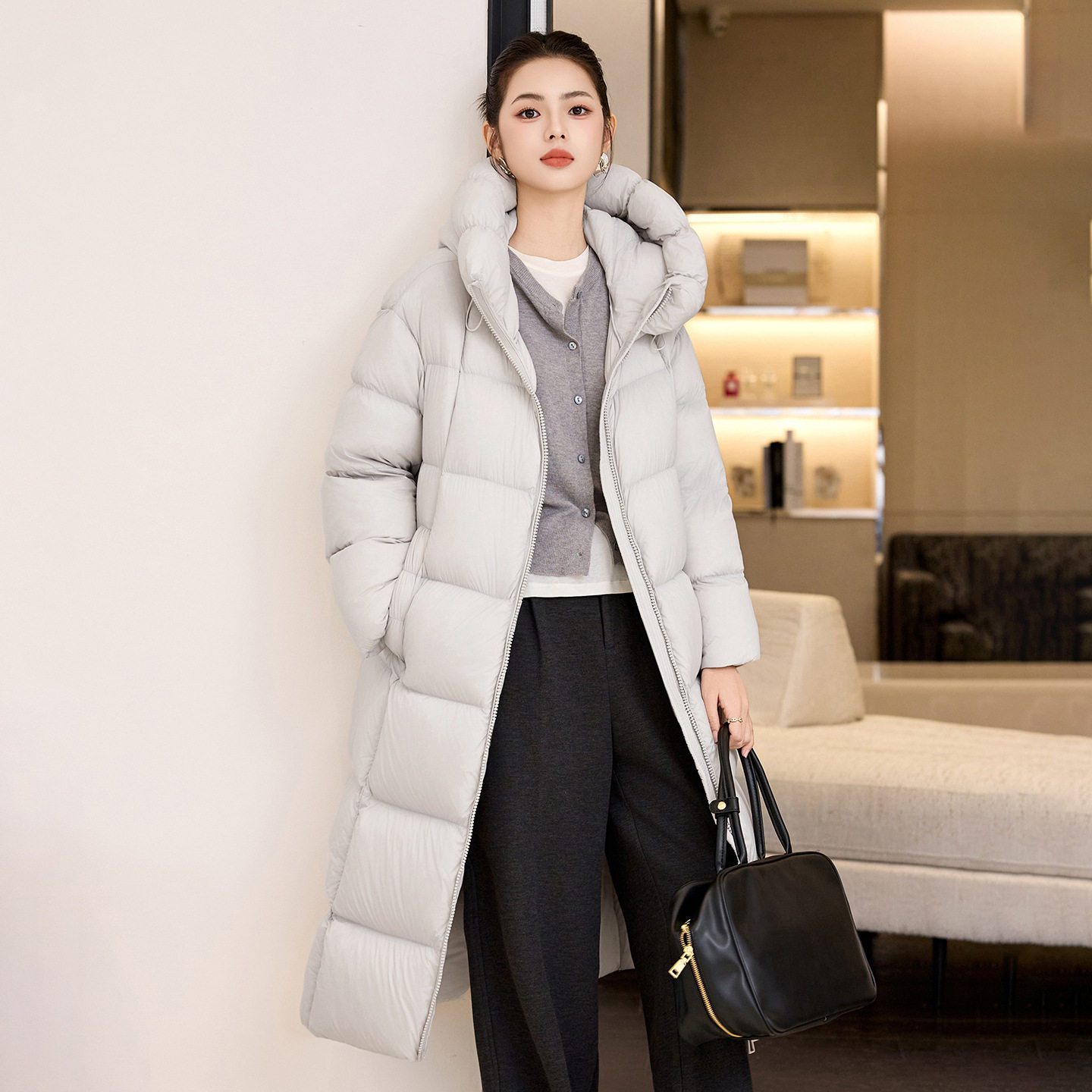 过膝加厚羽绒棉服2025新款白鸭绒加长款冬装外套直筒连帽棉袄女