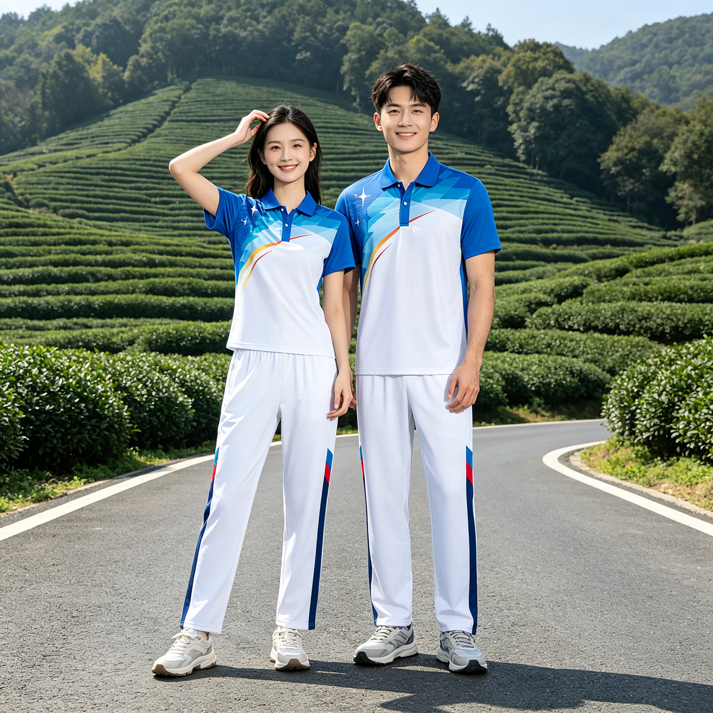 国家队运动短袖套装男女速干衣T恤情侣长裤跑步服翻领polo衫上衣