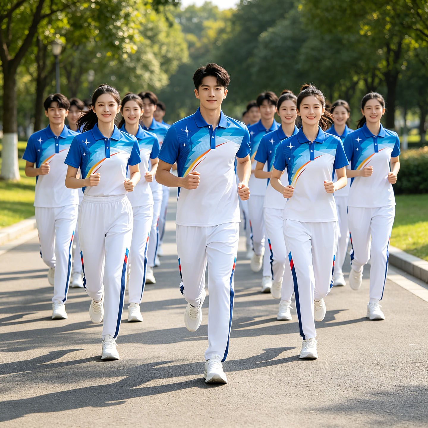国家队运动短袖套装男女速干衣T恤情侣长裤跑步服翻领polo衫上衣
