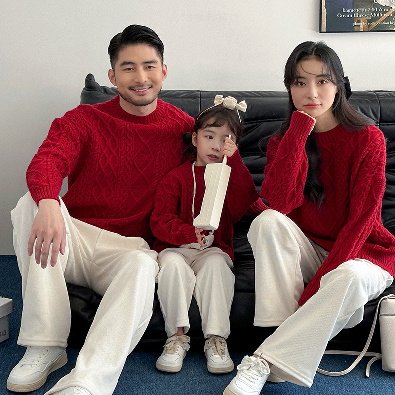 拜年服亲子装麻花纹红色儿童毛衣