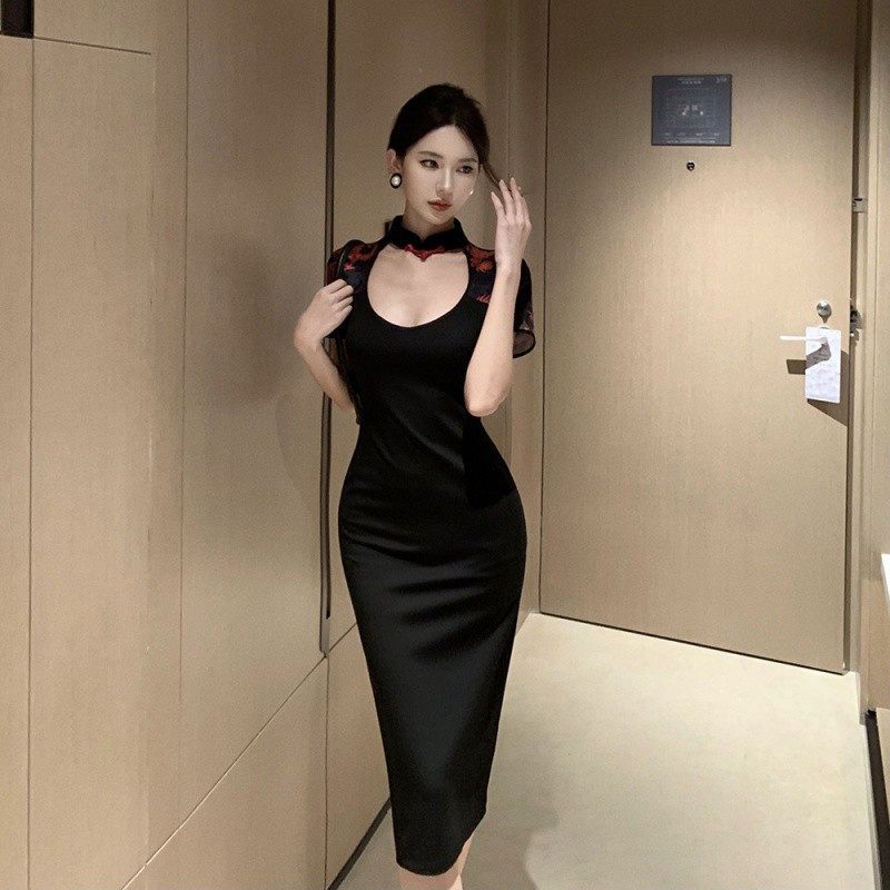 2025新款新款女装复古国风定位印花镂空中长款旗袍礼服连衣裙