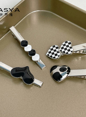 1对装韩国东大门黑色爱心棋盘格发夹时尚个性潮流边夹鸭嘴夹头饰