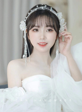 韩式水晶发箍手工编织流苏蕾丝公主头饰高端婚礼发饰写真影楼