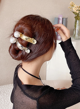 韩国气质法式金属光面珍珠鸭嘴夹后脑勺一字夹鲨鱼夹抓夹发饰头饰