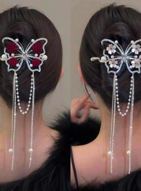 新款古风感蝴蝶流苏一字夹后脑勺盘发发夹水钻气质头饰发饰