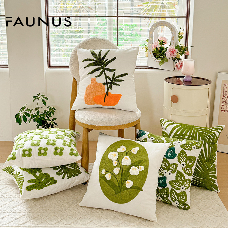 绿色植物抱枕跨境刺绣抱枕套东南亚风绿叶客厅沙发靠枕枕套办公室