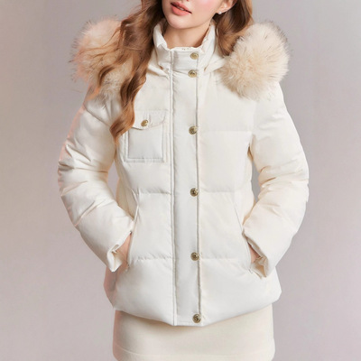 QDQD 收腰显瘦棉服服加厚保暖可拆卸毛领白色连帽外套冬