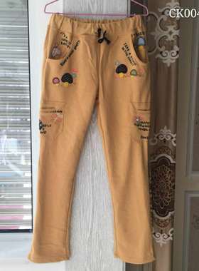 休闲裤rough毛圈棉长裤直筒中腰贴布蘑菇日单卫裤