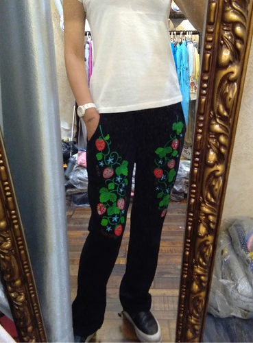 休闲裤女ROUGH印花草莓贴布刺绣毛圈棉舒适显瘦2018出口日单卫裤