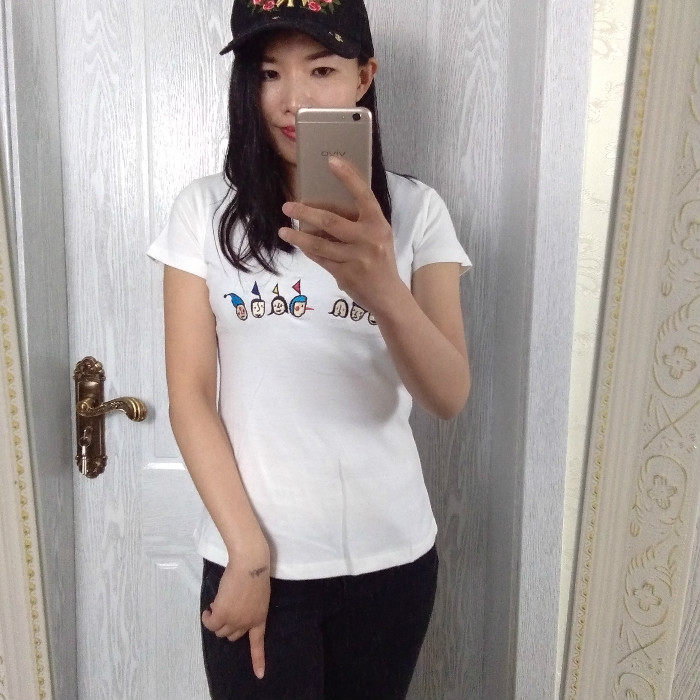 短袖T恤休闲女ROUGH修身竹节棉圆领刺绣纯色白色2018夏ins出口