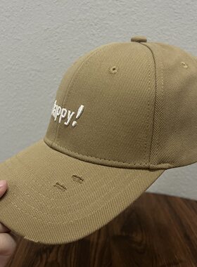 happy字母刺绣破洞硬顶棒球帽女款休闲显脸小宽檐鸭舌帽男潮