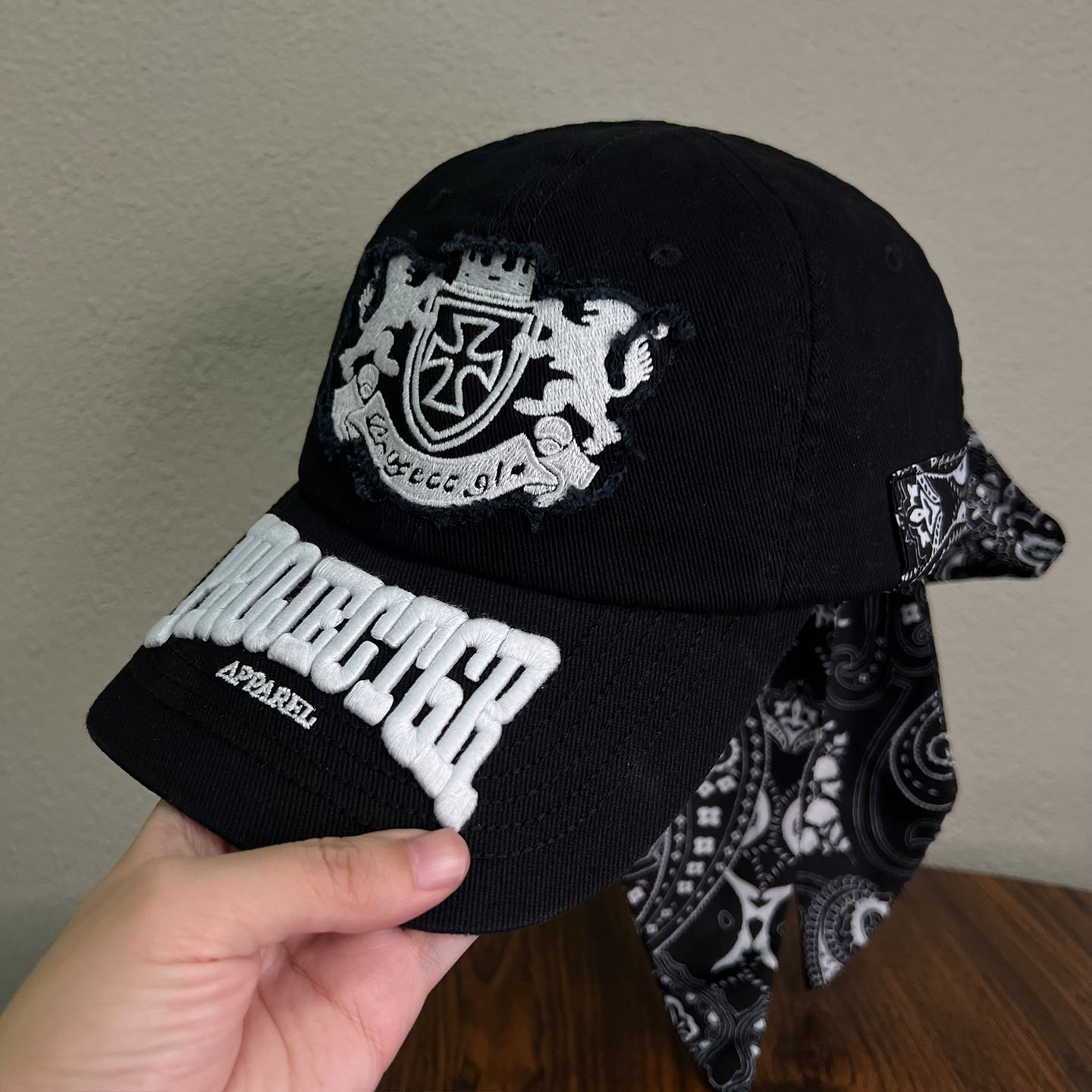 街头个性嘻哈风二合一绑带方巾贴布刺绣弯檐鸭舌帽男女同款棒球帽