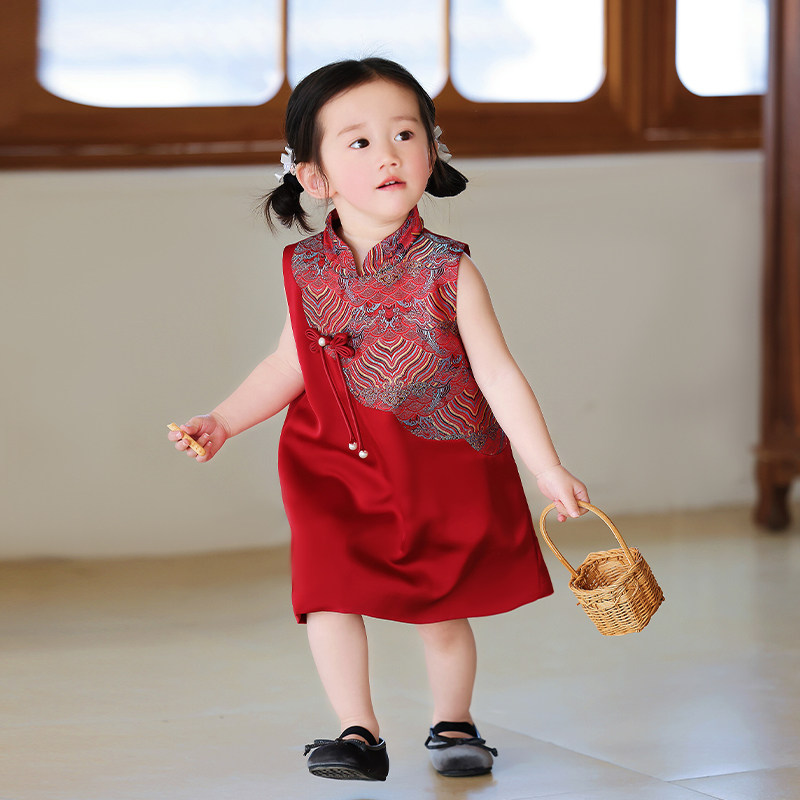周岁女宝宝礼服夏抓周宴幼儿童一岁衣服中式红色婴儿生日女童旗袍
