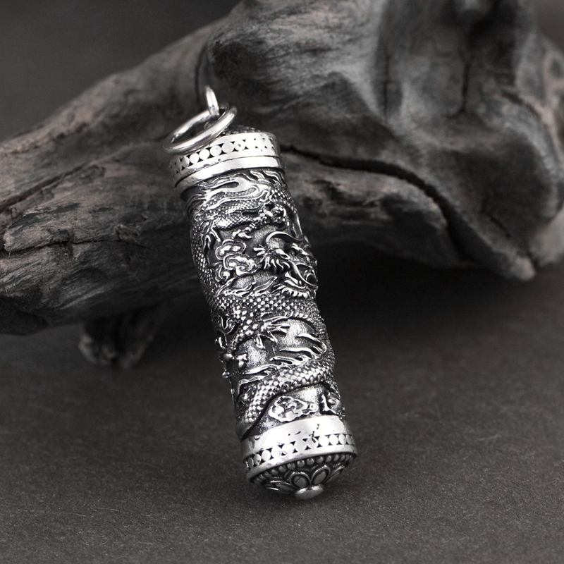 S925纯银复古做旧泰银个性龙形嘎乌盒吊坠男新品项链挂件龙纹吊坠