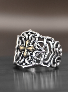 S925银复古做旧金色十字架戒指