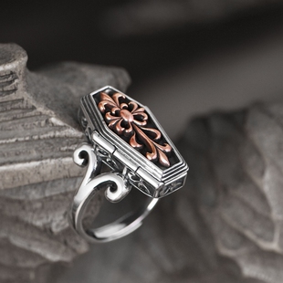 开口戒指 指环新品 S925银复古做旧泰银工艺霸气个性 金色十字花男款