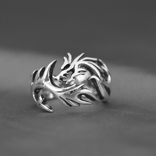 S925纯银复古做旧泰银个性龙形戒指男款新品食指戒指环跨境银饰