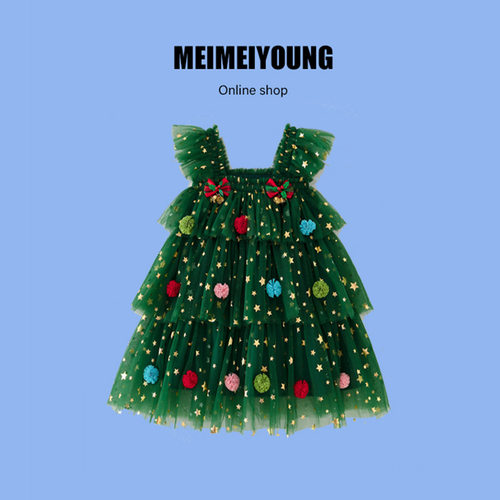 女童圣诞连衣裙网纱新款飞袖蛋糕裙子英伦dress星星节日礼服演出
