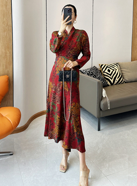 C4423时尚巴黎的老店 美翻了 红色印花真丝香云纱 中式围裹连衣裙