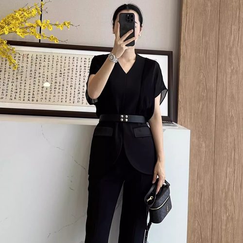 C3435纱袖收腰黑套装 原1380元 25年回馈清仓不退不换