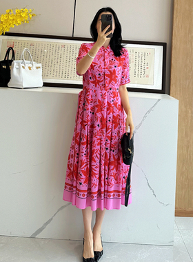 C4408 时尚巴黎的老店 美到惊艳~粉色印花 翻领系带真丝连衣裙 长