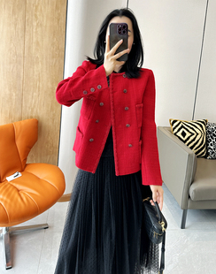 V3812 时尚巴黎的老店 绝美重工 瞬间女神气质  红色亚麻香风外套