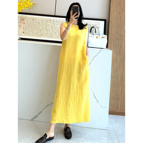 C4438 时尚巴黎的老店 超及好品质 法国亚麻 后开衩 无袖背心长裙