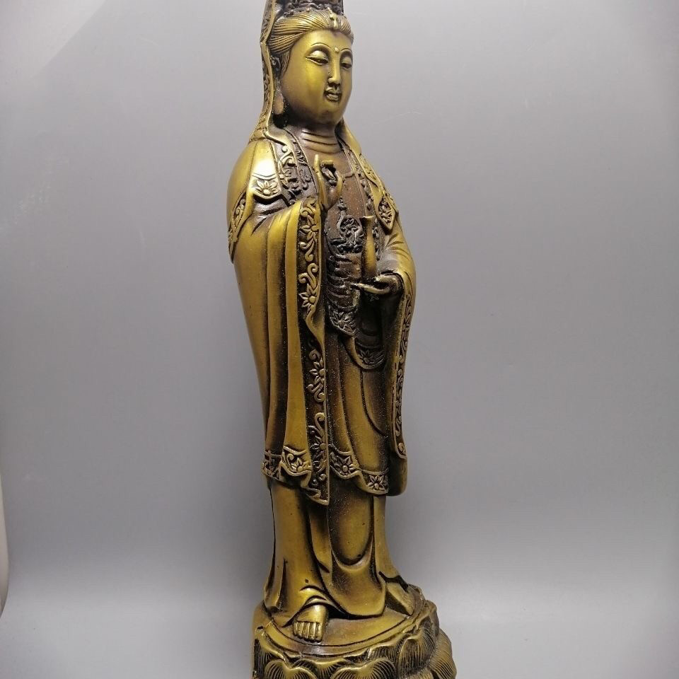 精品仿古黄铜器站观音铜像古玩收藏 观音菩萨像摆件 家居摆设
