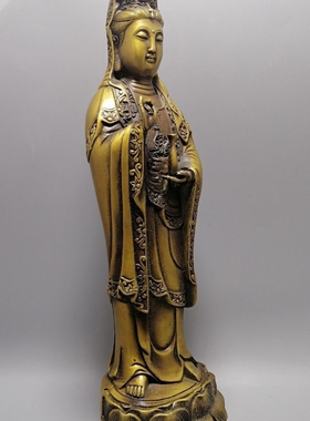 精品仿古黄铜器站观音铜像古玩收藏 观音菩萨像摆件 家居摆设