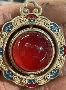 藏式复古镶嵌红宝石圆形转运珠吊坠白玉吊坠红色玉挂件铜质可转动