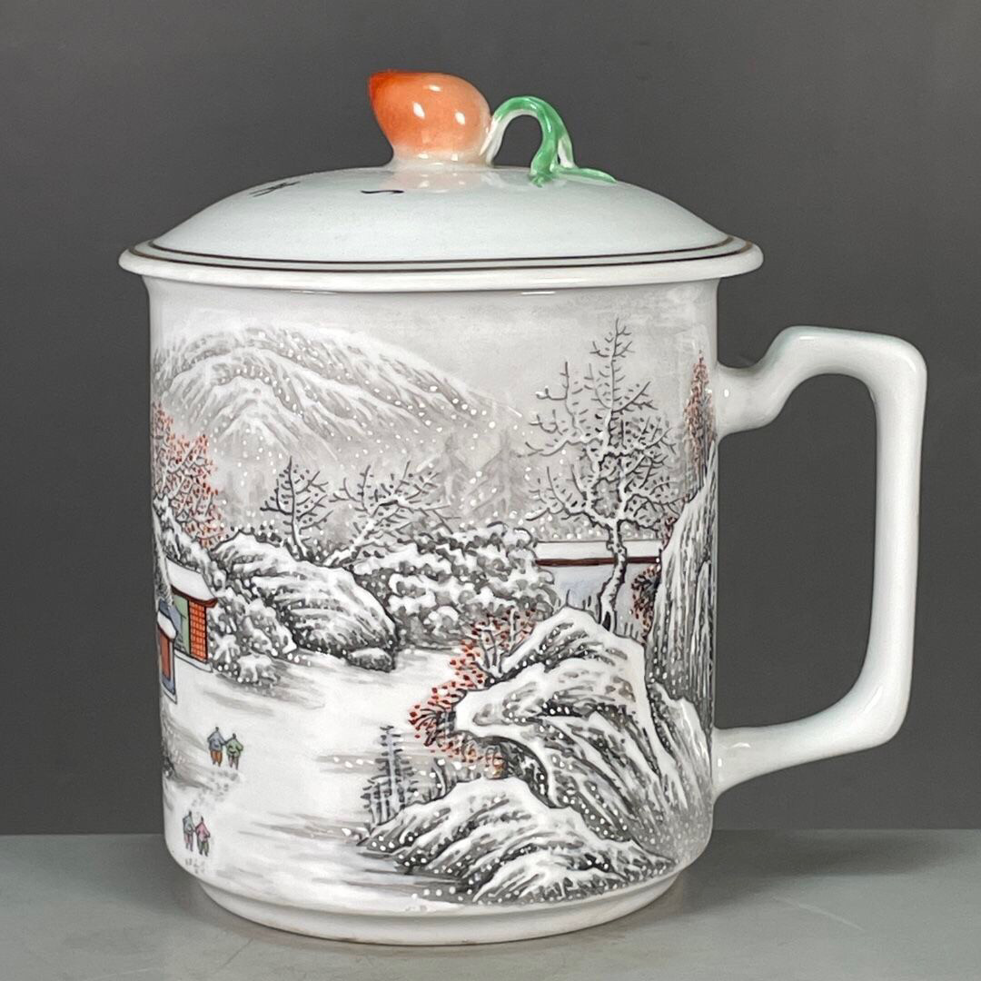 老货古玩旧货古董杂项瓷器收藏景德镇艺术瓷厂浅绛彩雪景图茶杯