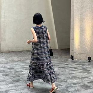 慵懒复古小众设计荷叶边褶皱圆领条纹宽松无袖 进口棉 垂感背心裙