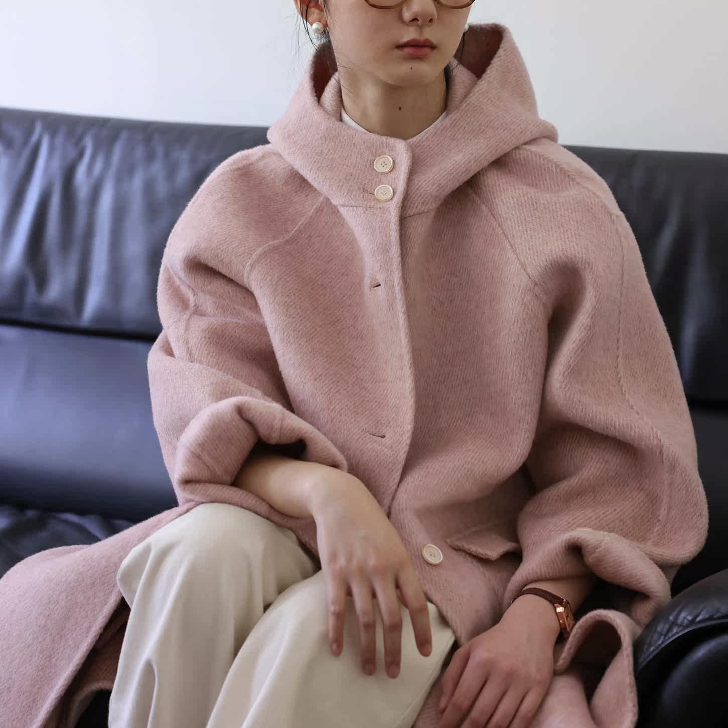 高端羊驼绒大衣女中长款2025秋冬粉色双面羊绒连帽加厚毛呢外套