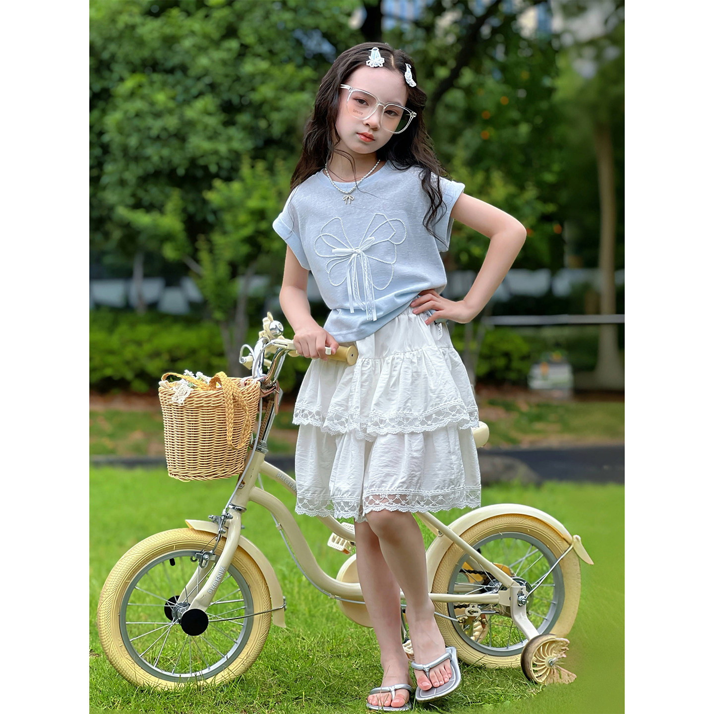女童套装2026夏季新款儿童甜美蝴蝶结T恤半身裙子韩版可爱两件套图片