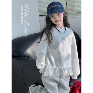 中大童洋气百搭上衣打底衫 女童T恤2025秋季 拼接长袖 儿童韩版 新款