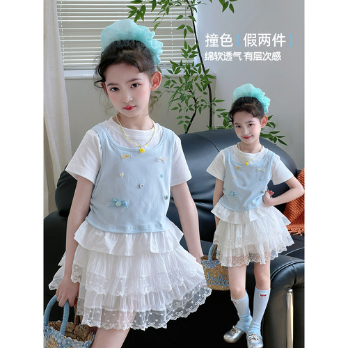 女童短袖T恤2026夏季新款儿童韩版假两件夏装中大童洋气休闲上衣