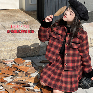 波拉韩国童装女童套装冬季儿童高端新年装洋气夹棉外套裙子两件套