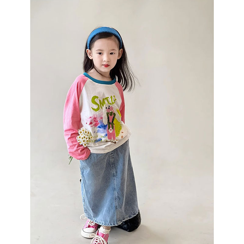 女童秋季洋气卡通插肩袖T恤