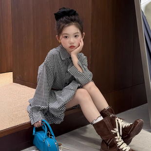 童裙2025秋款女童休闲风格子衬衫长袖连衣裙中大童女宝花苞裙子