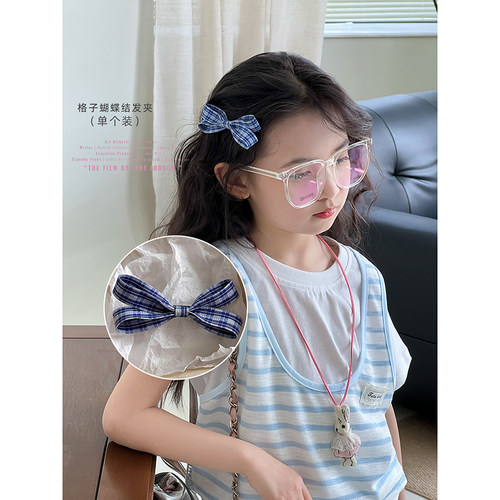 女童韩版格纹蝴蝶结发夹侧边夹