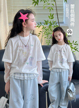 女童防晒衣2026夏季新款儿童薄款长袖蝴蝶结宽松圆领T恤韩版上衣