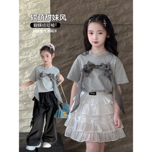 女童短袖T恤2026夏季新款儿童洋气蝴蝶结上衣中大童韩版宽松夏装
