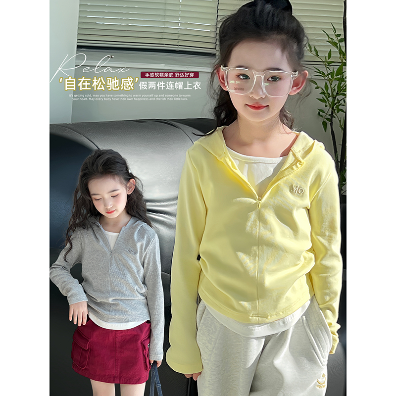 女童T恤2025秋季新款儿童假两件上衣中大童洋气休闲长袖打底衫潮