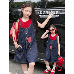 兒童無袖 兩件套 套裝 女童夏季 2025新款 韓版 牛仔背帶褲 背心吊帶短褲