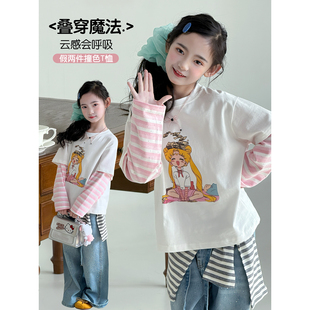 女童长袖T恤2026春季新款儿童洋气假两件上衣春装女孩休闲打底衫